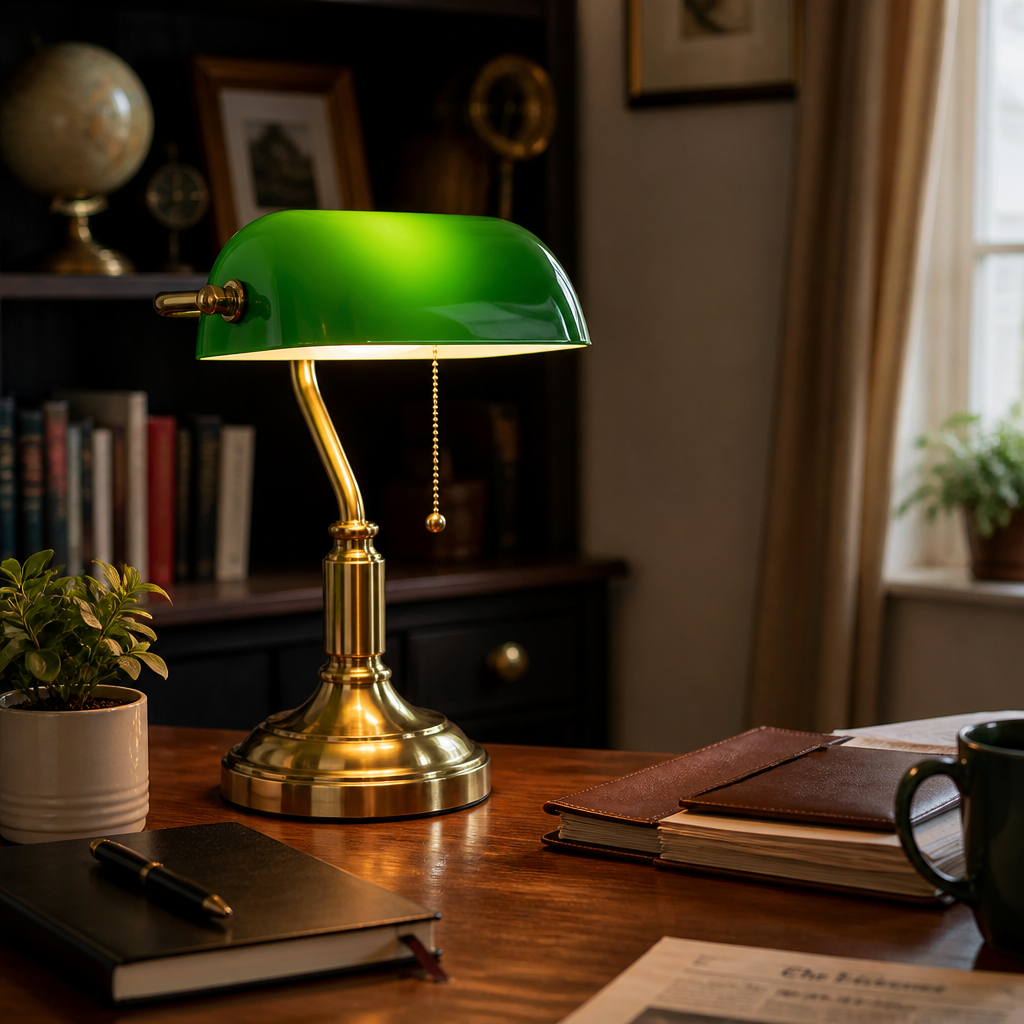 Brass banker's lamp with green shade