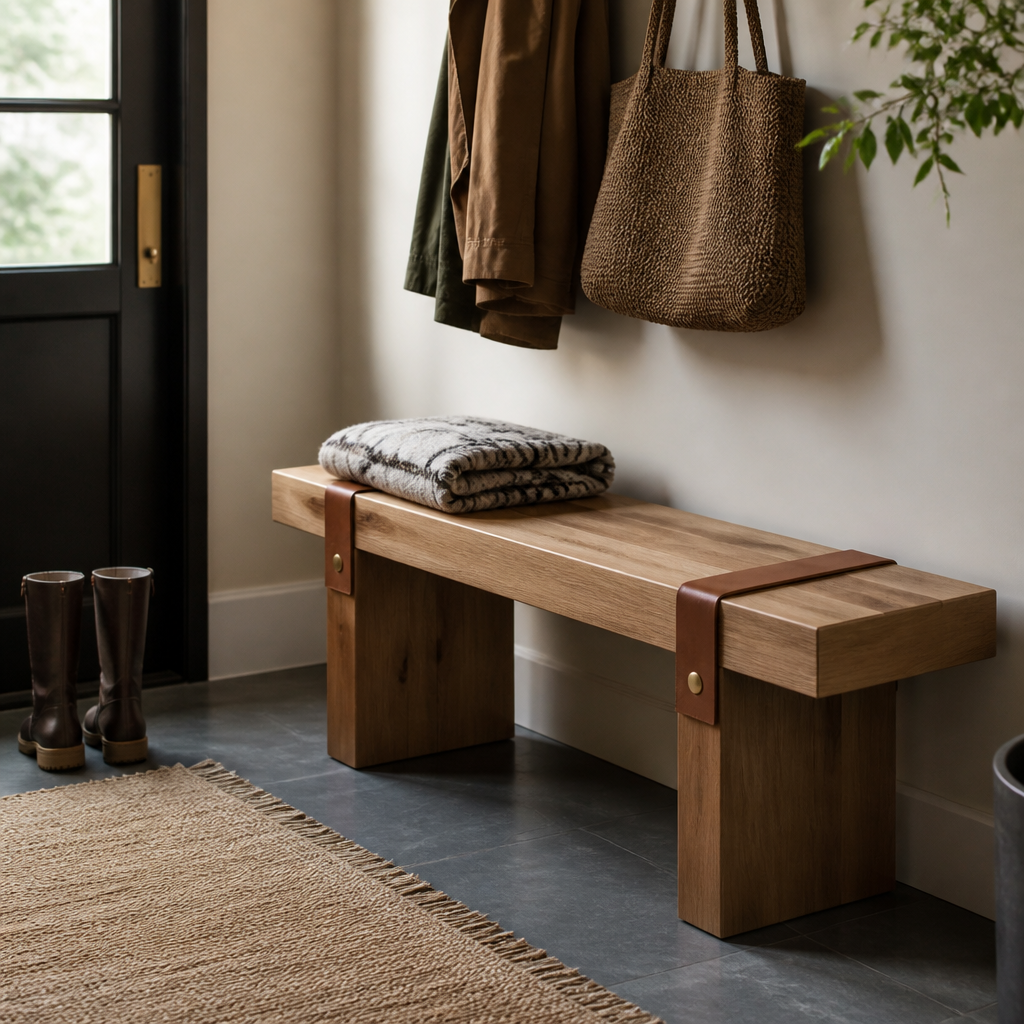 Leather strap wood bench