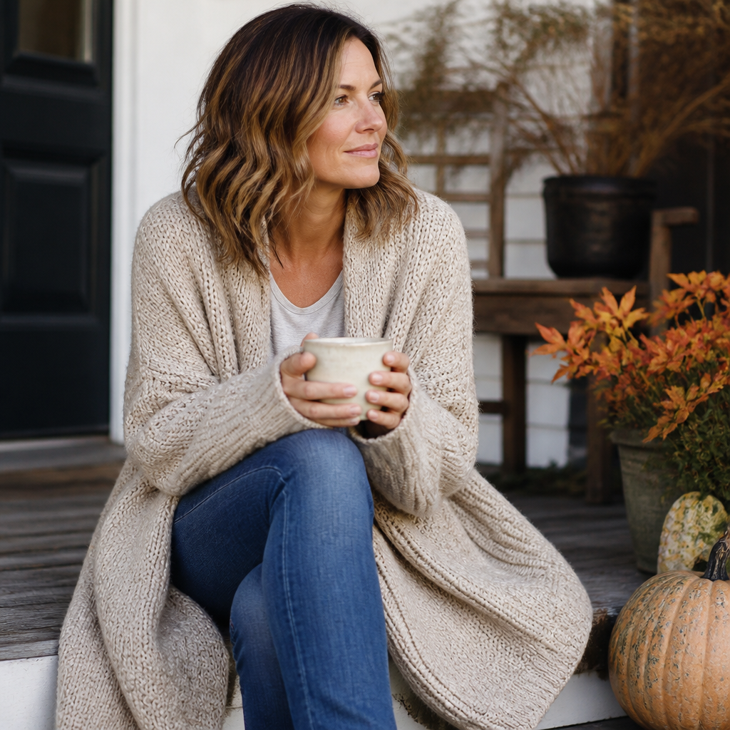 Woman wearing an oversized chunky knit cardigan