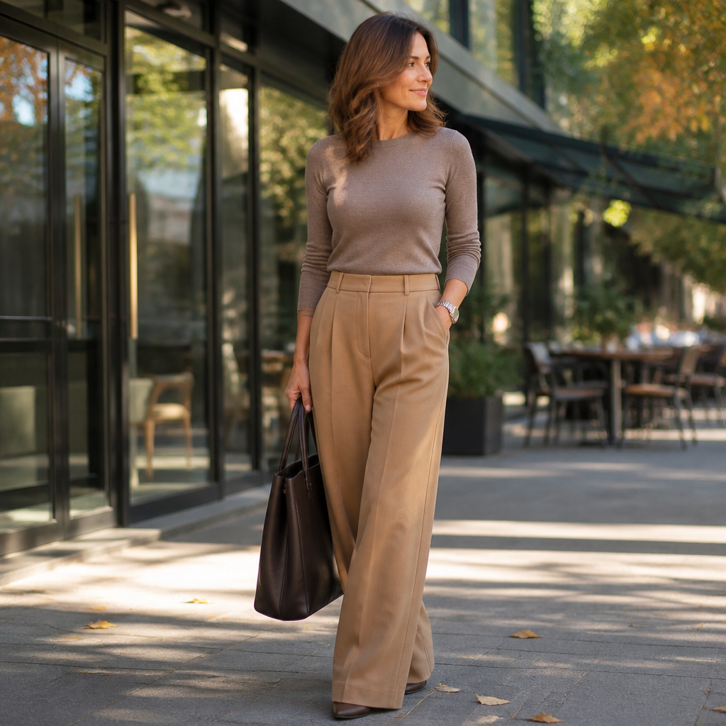 Woman wearing wide-leg wool trousers
