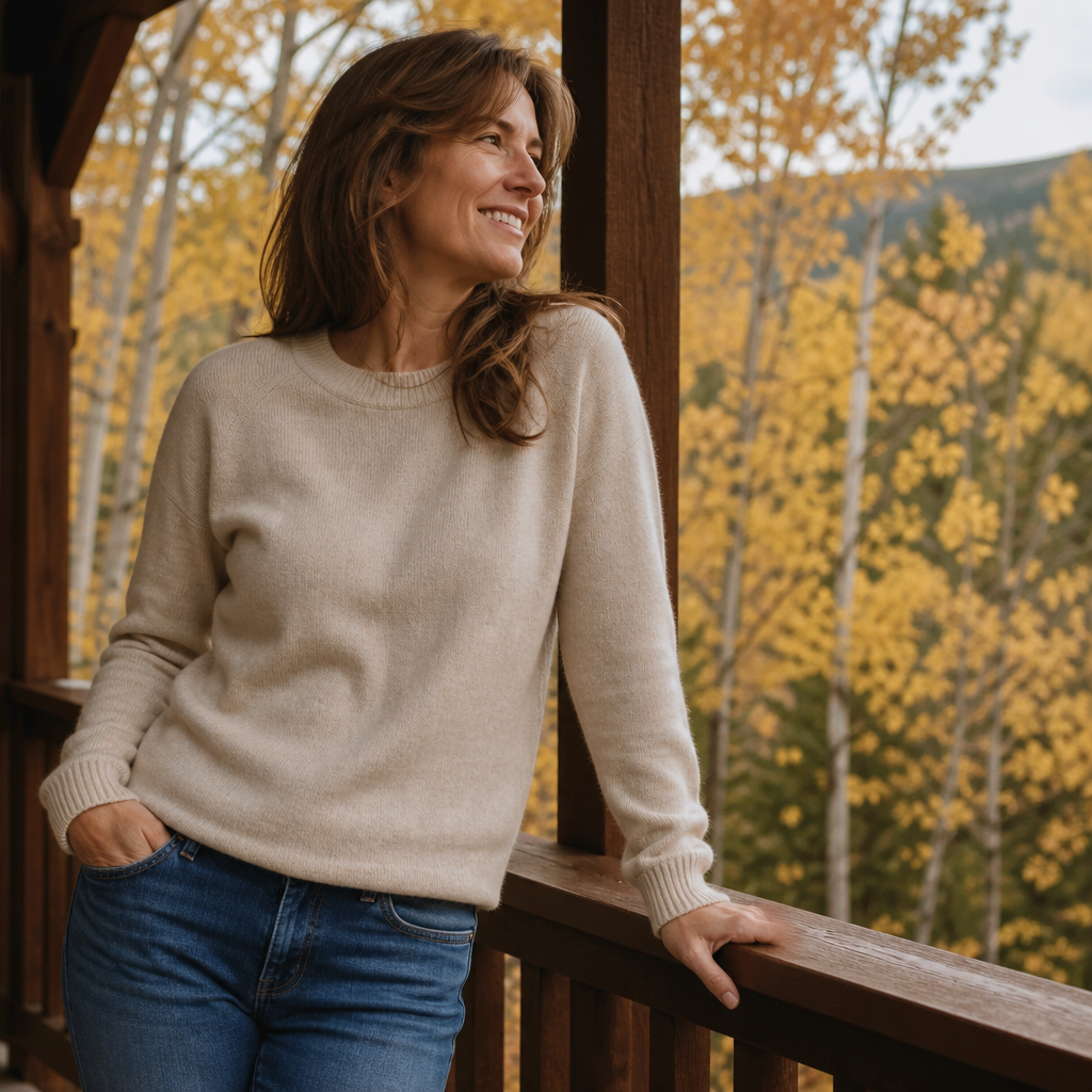 Woman wearing an oatmeal cashmere crewneck sweater