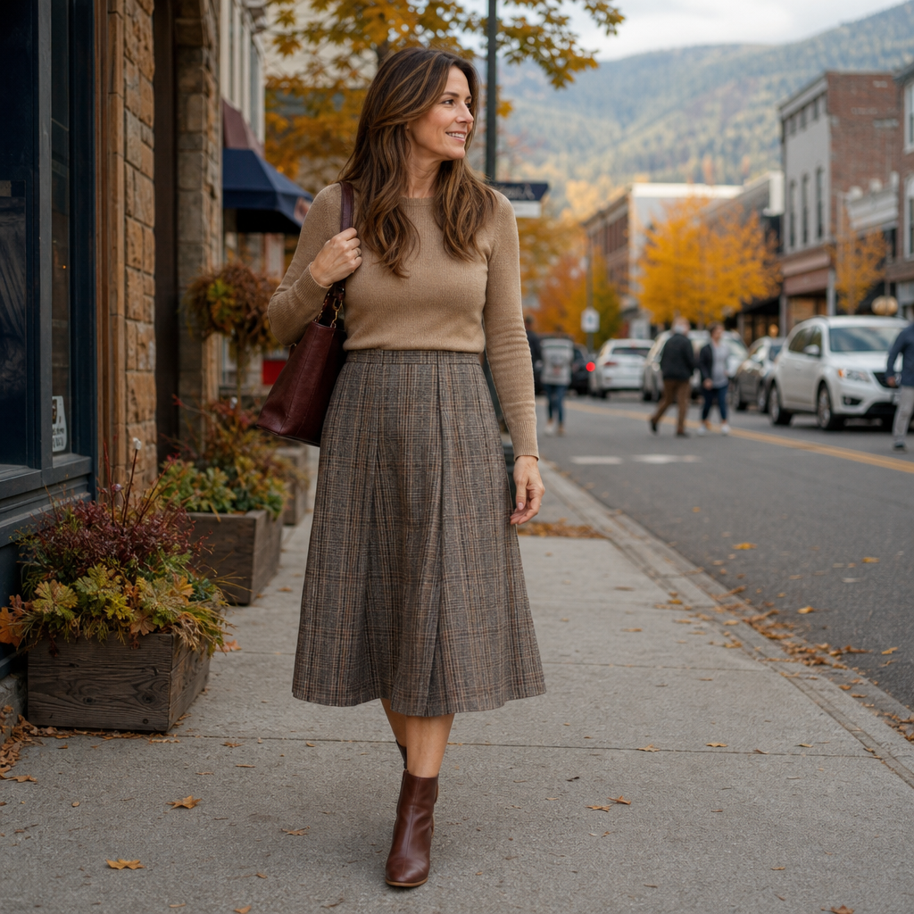 Woman wearing a wool-blend midi skirt