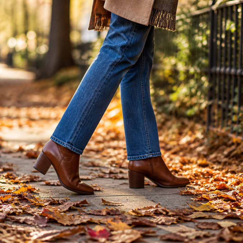 Woman wearing brown block-heel ankle boots