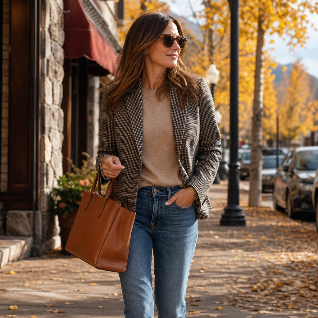 Woman carrying a structured cognac leather tote bag
