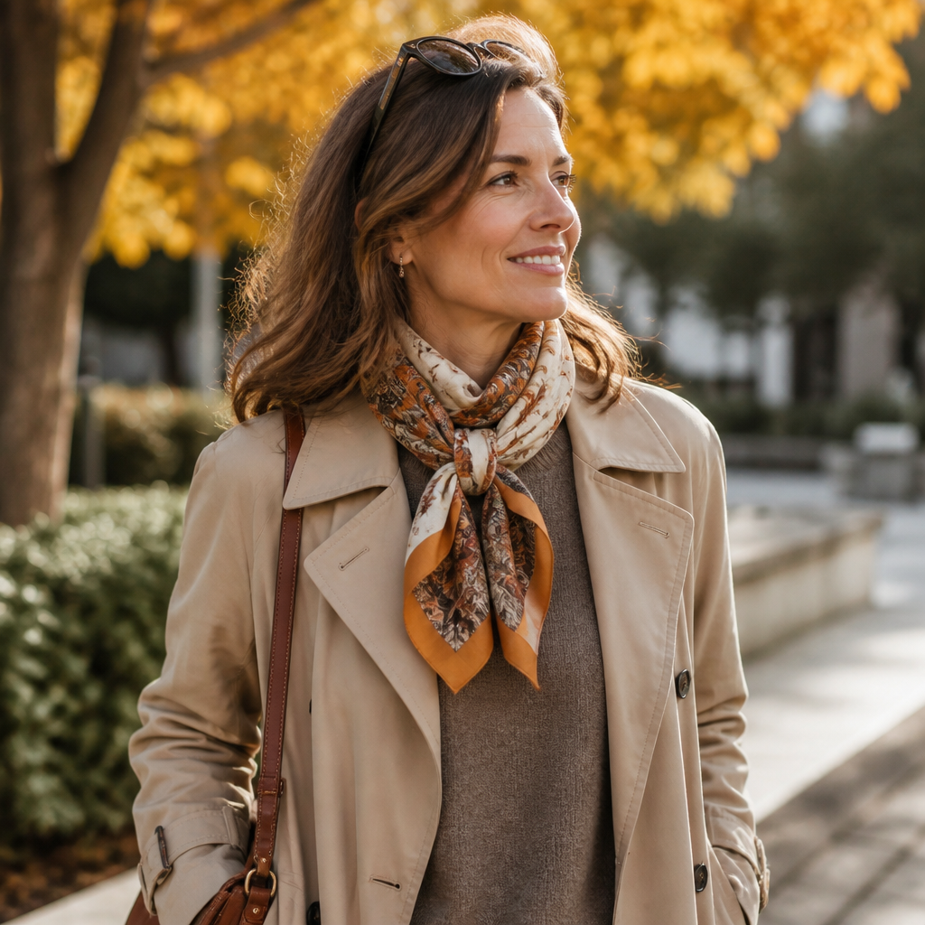Woman wearing a silk-blend fall scarf