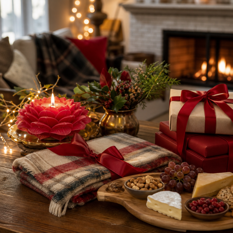 Holiday hostess gifts arranged on a table with candles and wrapped presents