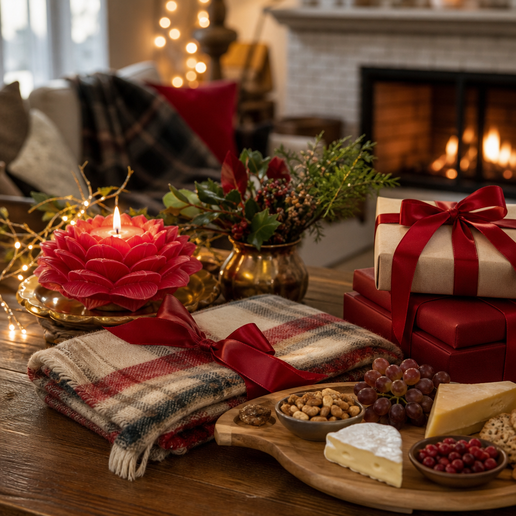 Holiday hostess gifts arranged on a table with candles and wrapped presents