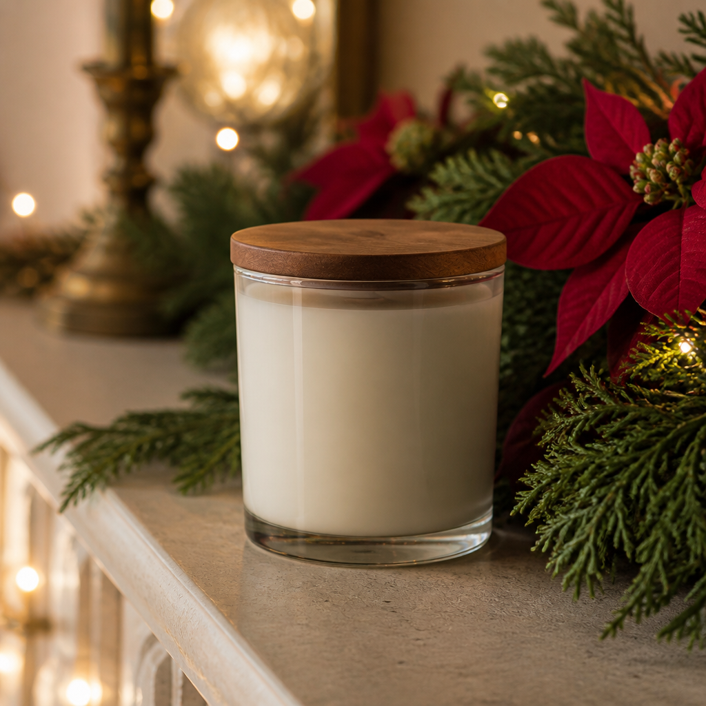 Poinsettia and cedar scented soy candle styled for the holidays
