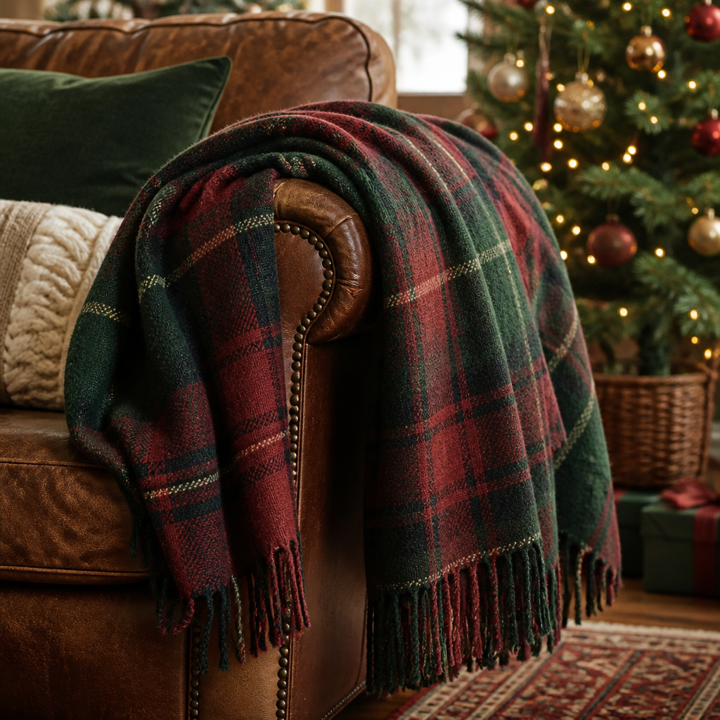 Cashmere-blend throw blanket in a holiday plaid