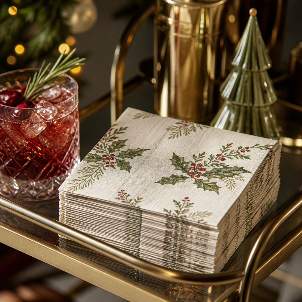 Holiday cocktail napkins styled on a bar cart