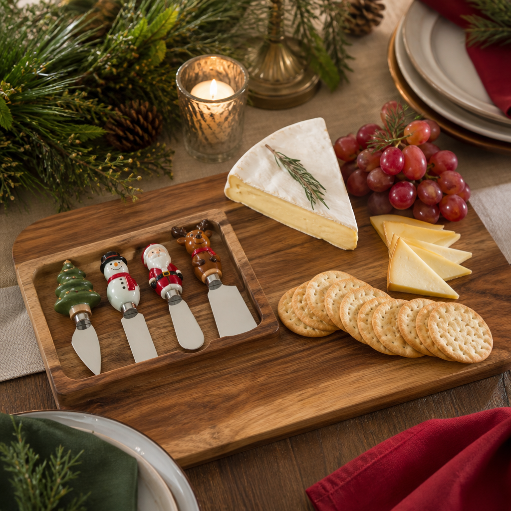 Acacia cheese board with holiday spreader set