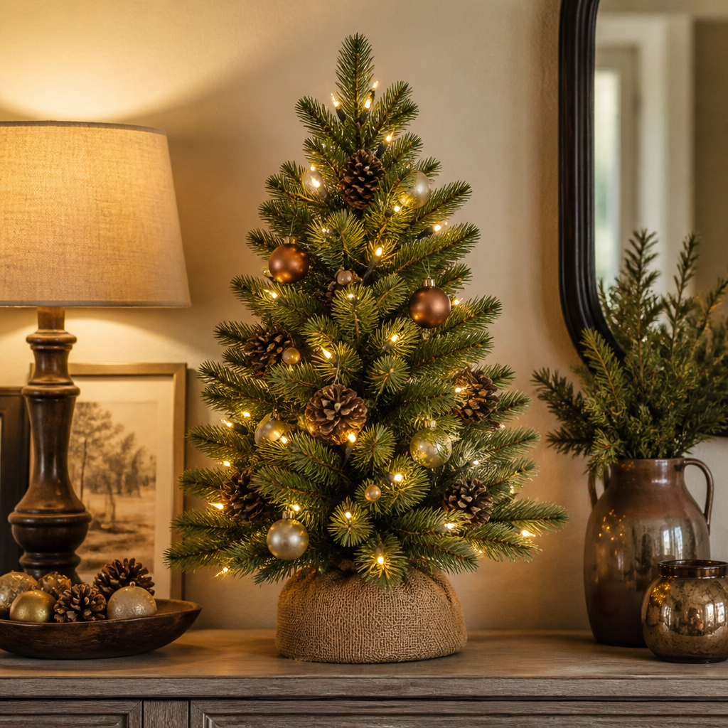 Mini tabletop Christmas tree styled on a console table