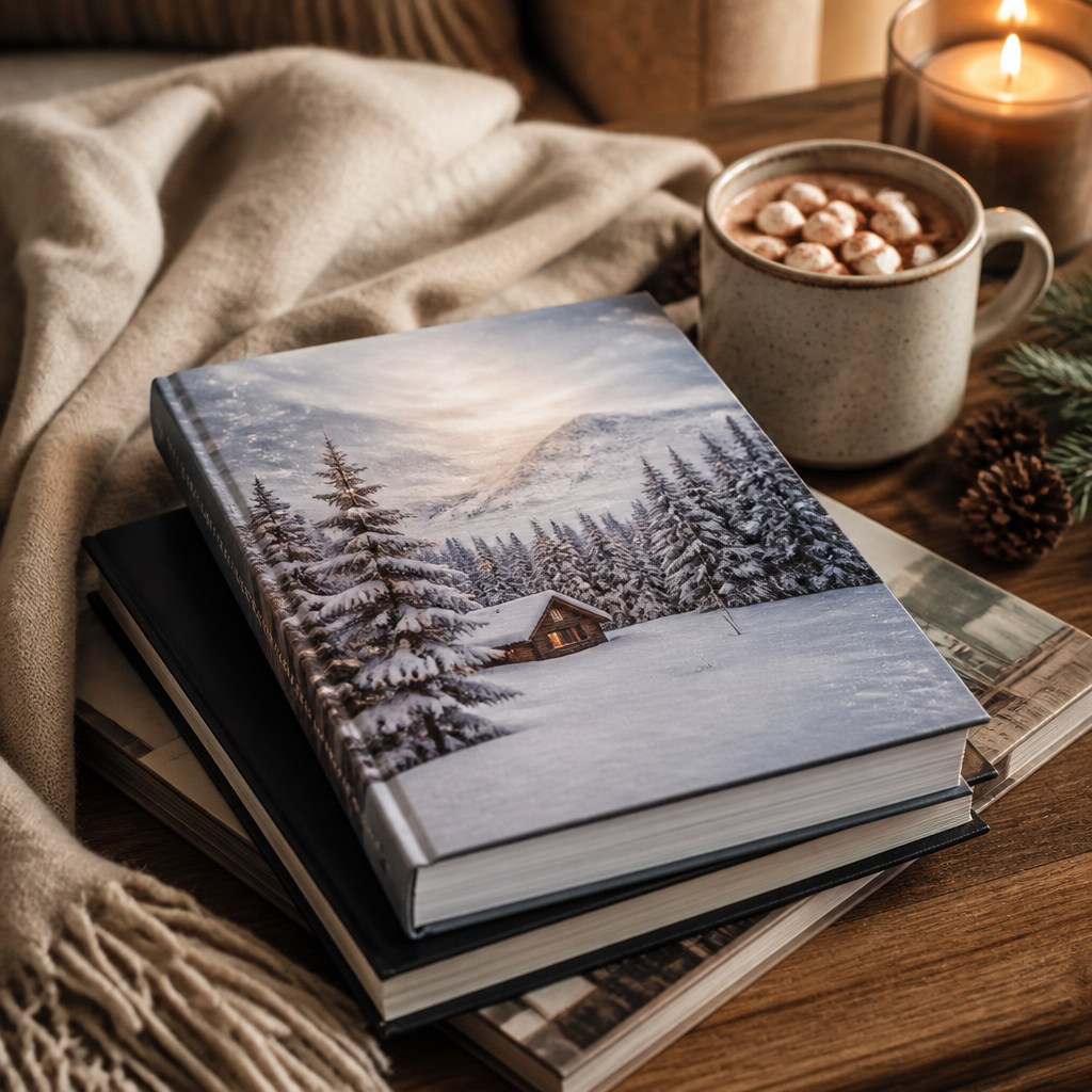 Cozy Christmas coffee table book styled with a throw and mug