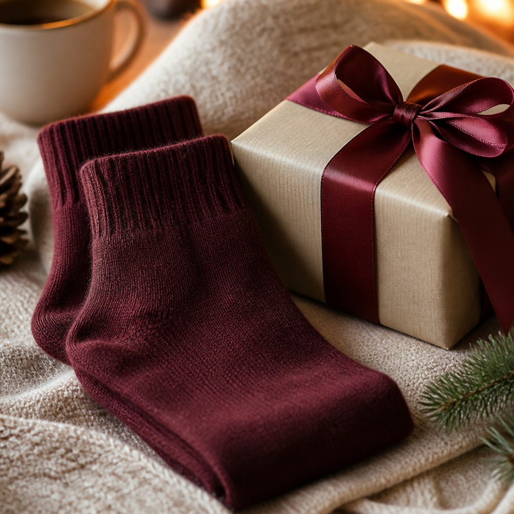 Cashmere-blend socks styled with a wrapped gift