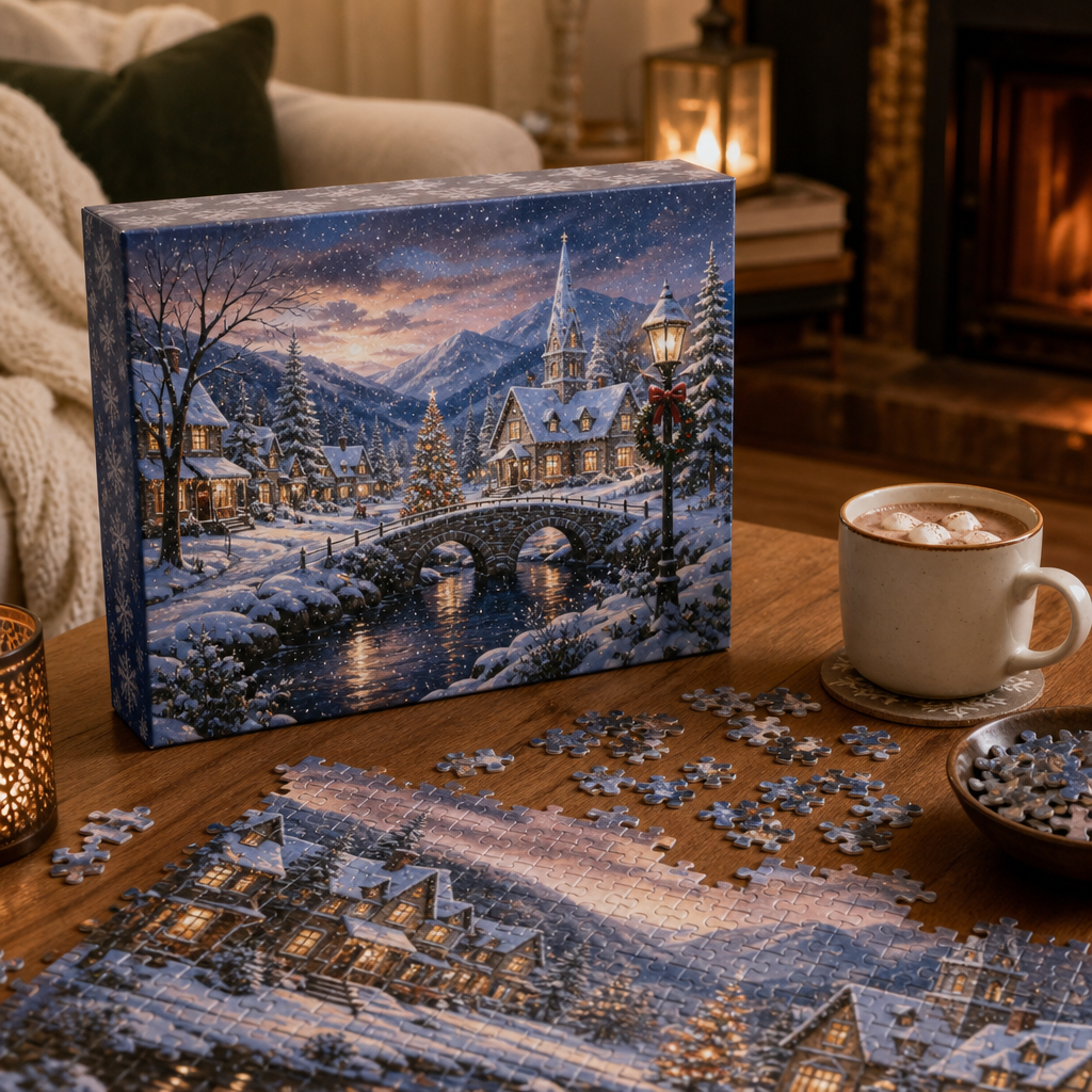 1000-piece holiday puzzle styled on a coffee table