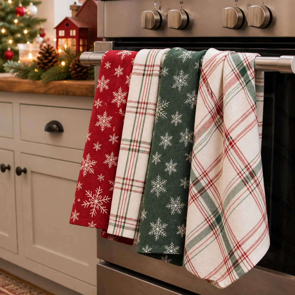 Holiday tea towel set in a cozy kitchen