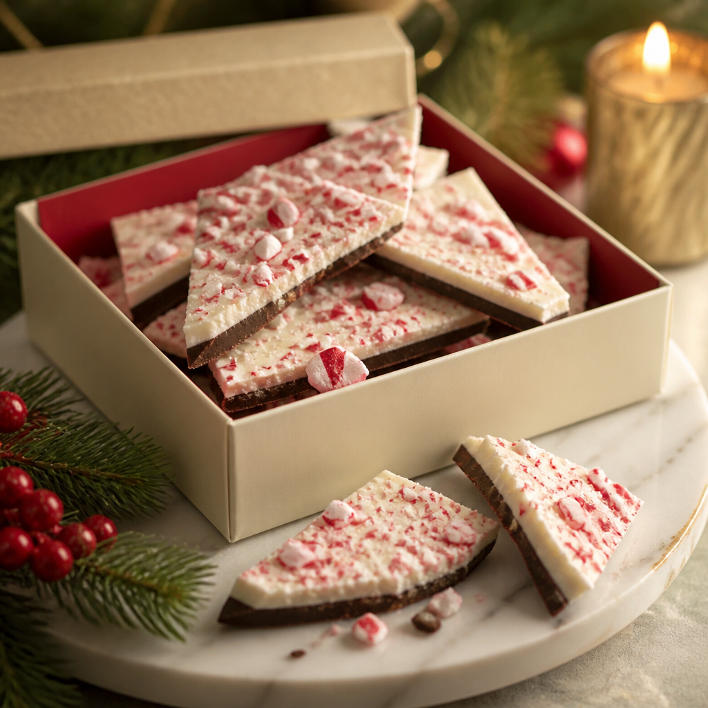 Gourmet peppermint bark on a marble plate