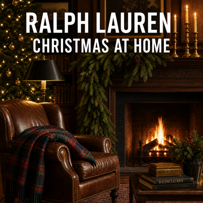 A leather armchair with a tartan plaid blanket beside a lit fireplace and brass candlesticks, bold text overlay reading Ralph Lauren Christmas at Home