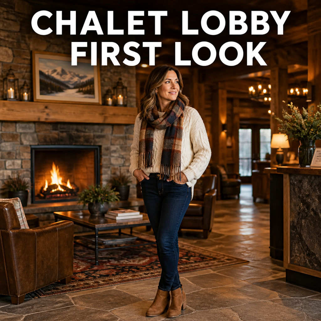 Woman in a cream cable-knit sweater and plaid scarf in a mountain lodge lobby, bold text overlay reading Chalet Lobby First Look