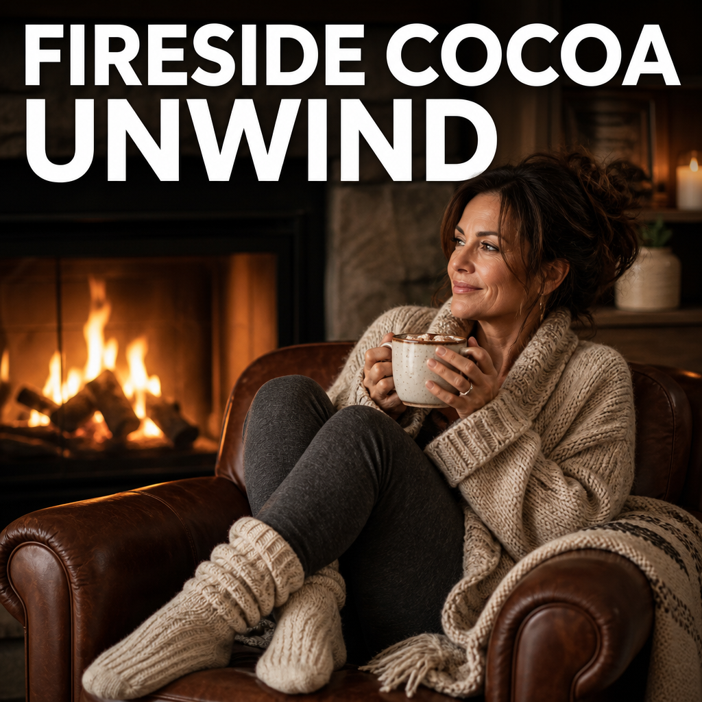 Woman in an oatmeal cardigan by a fireplace holding cocoa, bold text overlay reading Fireside Cocoa Unwind