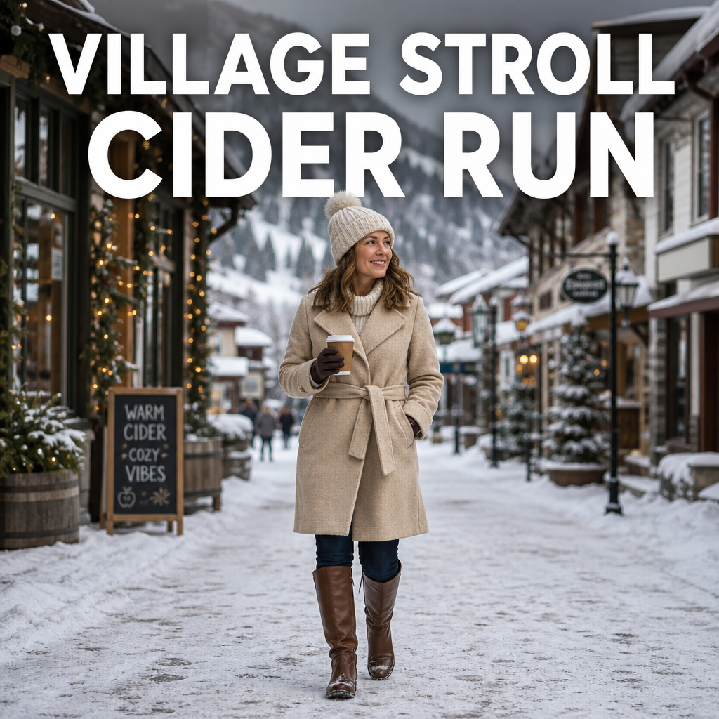 Woman in a belted wool coat walking a snowy village street holding cider, bold text overlay reading Village Stroll Cider Run