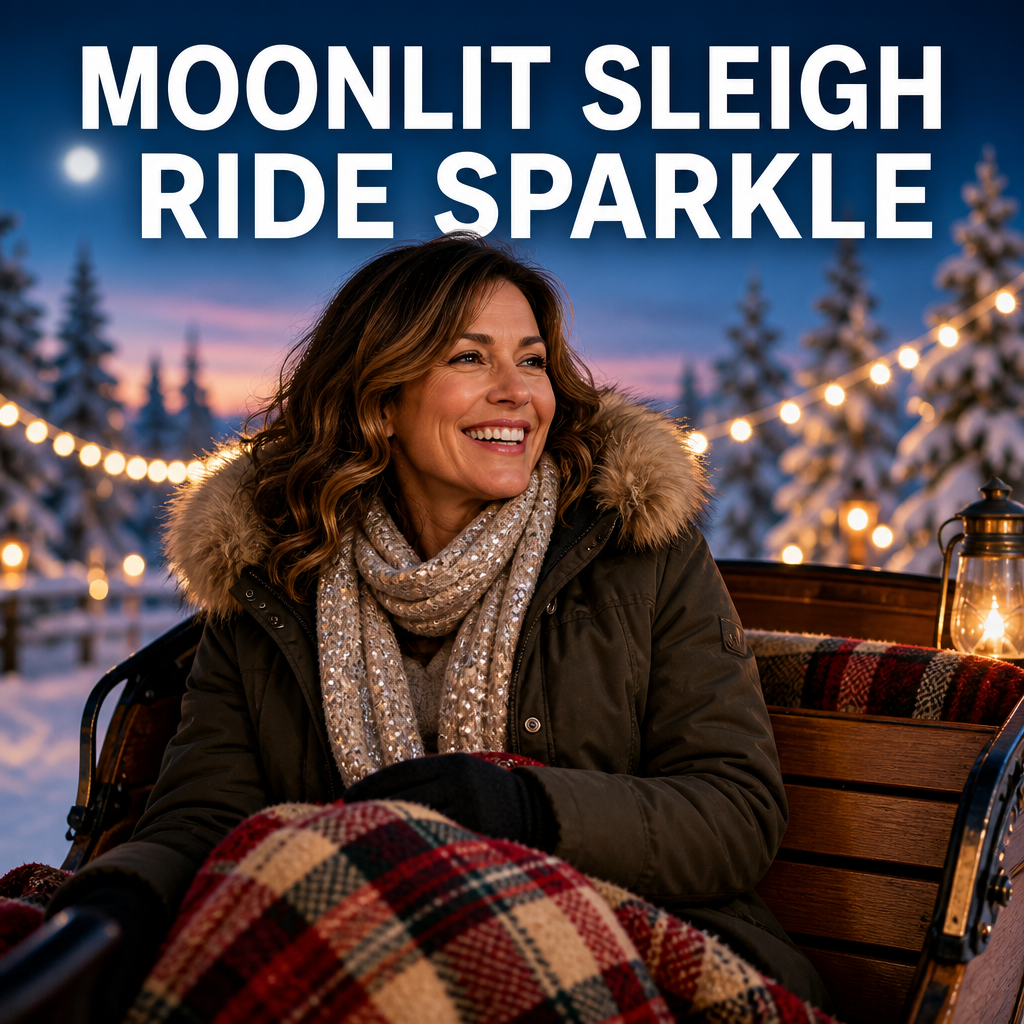 Woman in a faux-fur parka sitting in a sleigh at dusk with string lights, bold text overlay reading Moonlit Sleigh Ride Sparkle