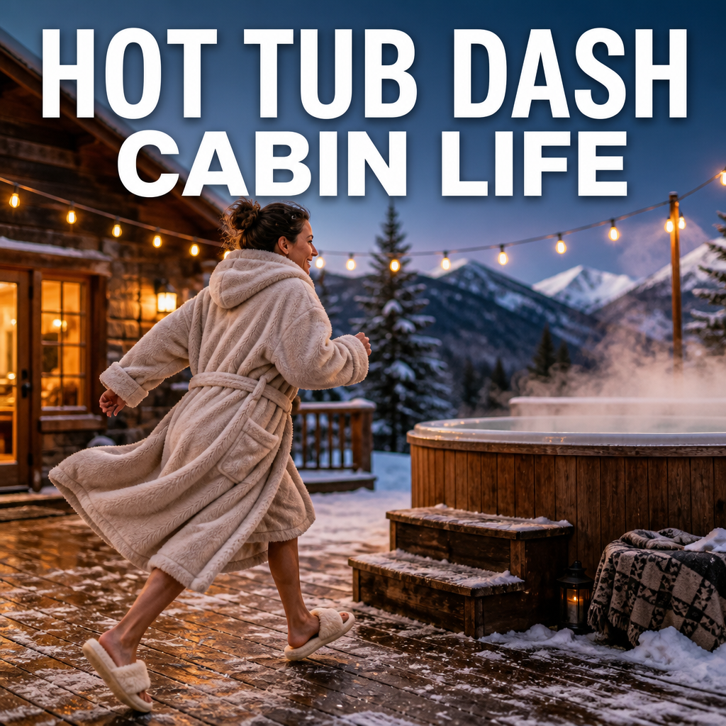 Woman in a plush robe dashing across a snowy deck toward a hot tub, bold text overlay reading Hot Tub Dash Cabin Life