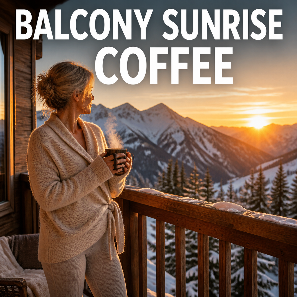 Woman in a cashmere wrap sweater holding coffee on a balcony at sunrise over mountains, bold text overlay reading Balcony Sunrise Coffee