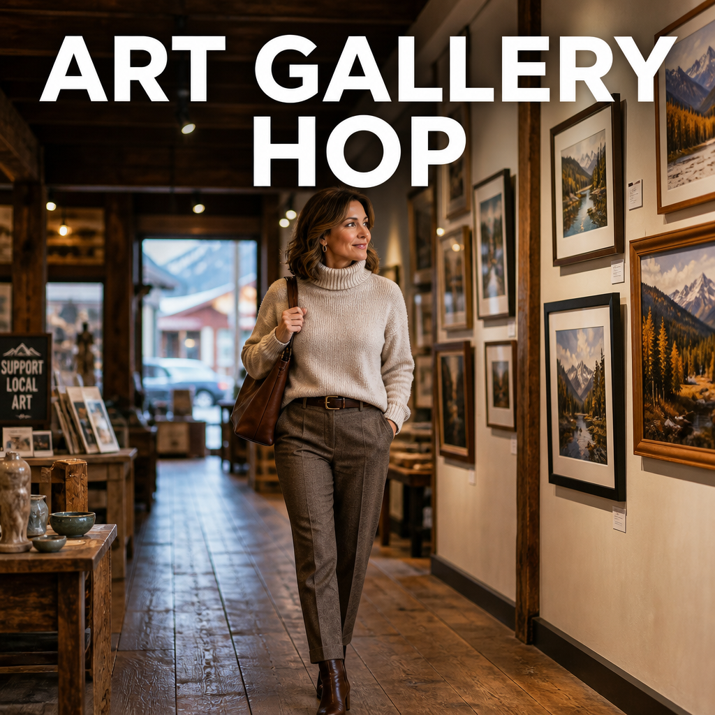Woman in a turtleneck sweater browsing a mountain-town art gallery, bold text overlay reading Art Gallery Hop