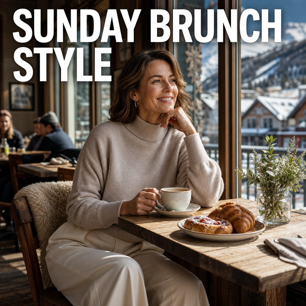 Woman in a mock-neck sweater at a sunny mountain-town brunch table, bold text overlay reading Sunday Brunch Style
