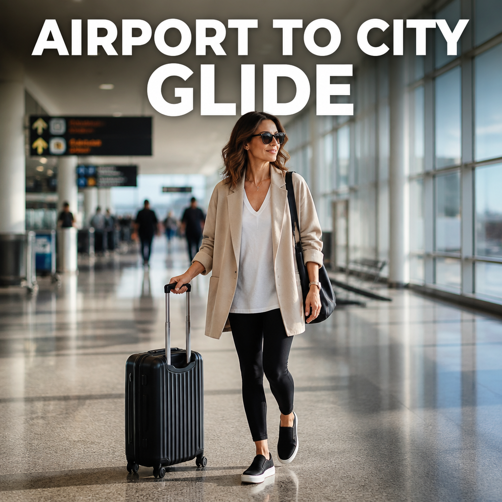 Woman in an oversized blazer pulling a suitcase through an airport terminal, bold text overlay reading Airport to City Glide