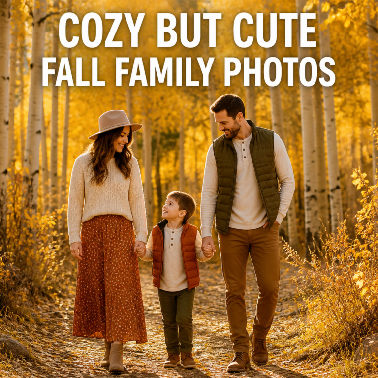 Family walking through a golden aspen grove in coordinated cozy fall outfits for family photos, bold text overlay reading Cozy But Cute Fall Family Photos