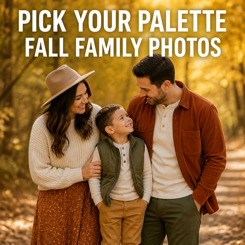 Family in coordinated fall color palette of cream, rust, olive, and mustard tones for family photos, bold text overlay reading Pick Your Palette Fall Family Photos