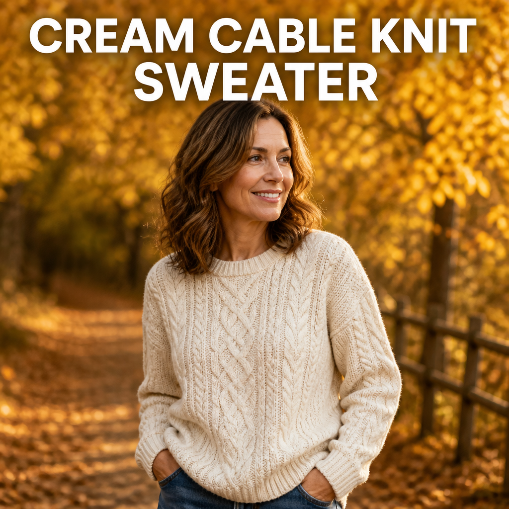 Woman wearing a cream cable-knit sweater outdoors for fall family photos, bold text overlay reading Cream Cable Knit Sweater