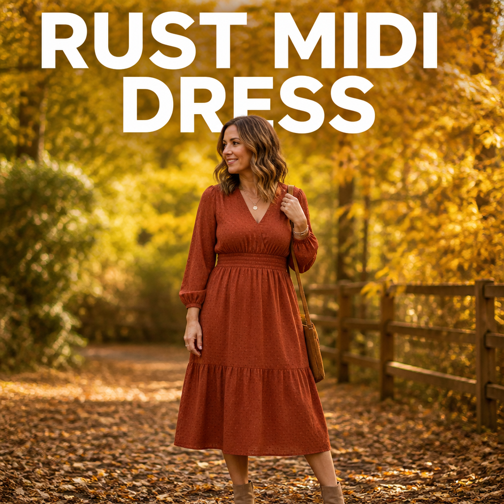 Woman wearing a rust long-sleeve midi dress outdoors for fall family photos, bold text overlay reading Rust Midi Dress