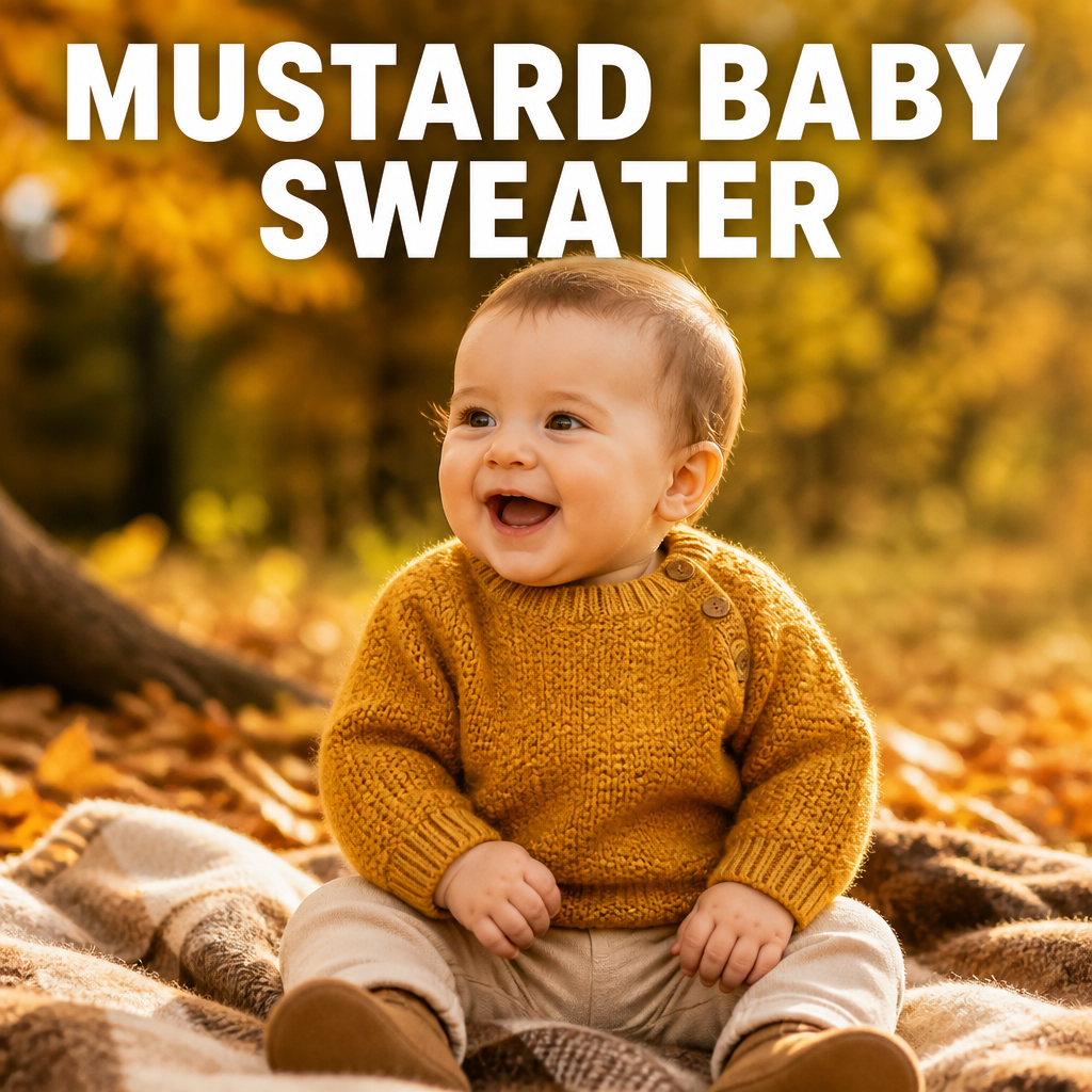 Baby wearing a mustard knit sweater outdoors for fall family photos, bold text overlay reading Mustard Baby Sweater