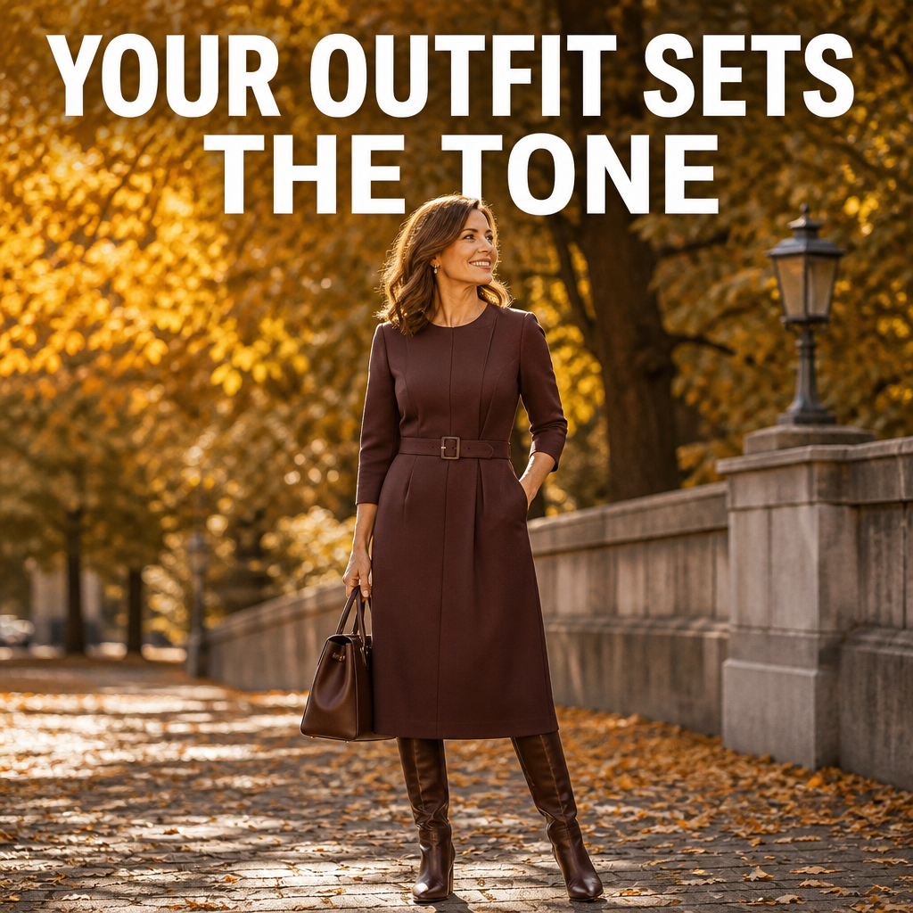 Woman wearing a structured midi dress and boots outdoors for fall family photos, bold text overlay reading Your Outfit Sets the Tone