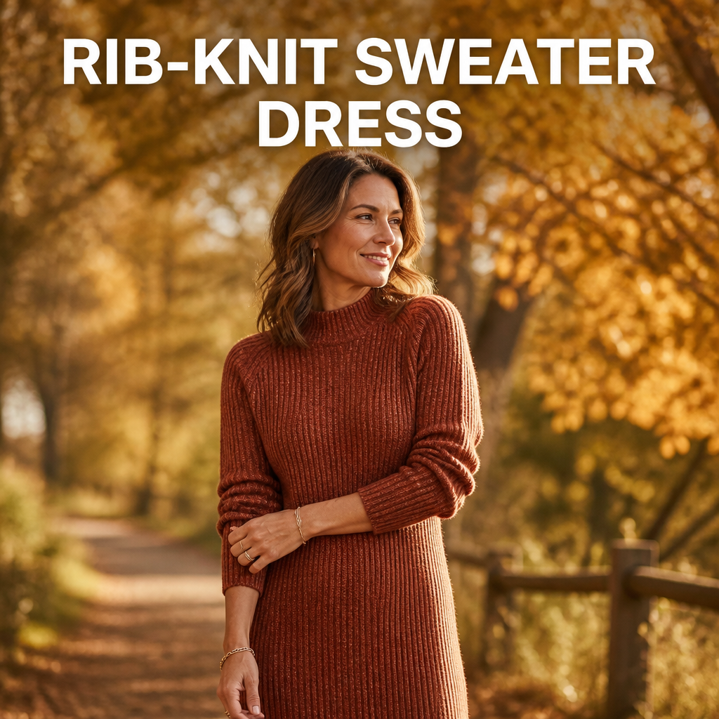 Woman wearing a rust rib-knit sweater dress outdoors for fall family photos, bold text overlay reading Rib-Knit Sweater Dress