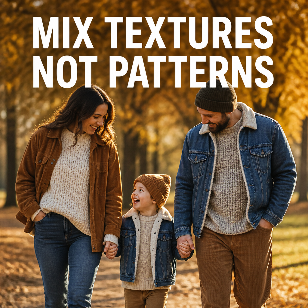 Family wearing mixed textures of chunky knit, corduroy, and denim for fall family photos, bold text overlay reading Mix Textures Not Patterns