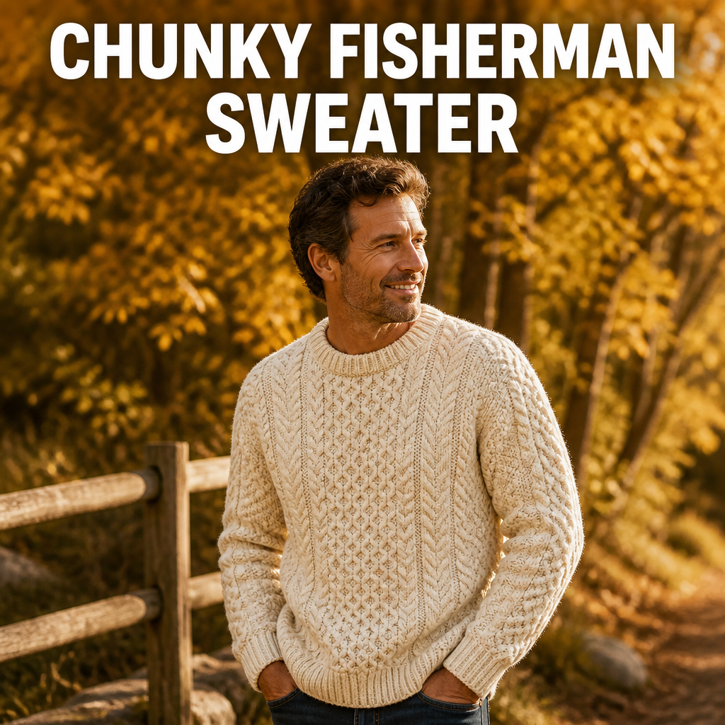 Man wearing a chunky fisherman sweater outdoors for fall family photos, bold text overlay reading Chunky Fisherman Sweater