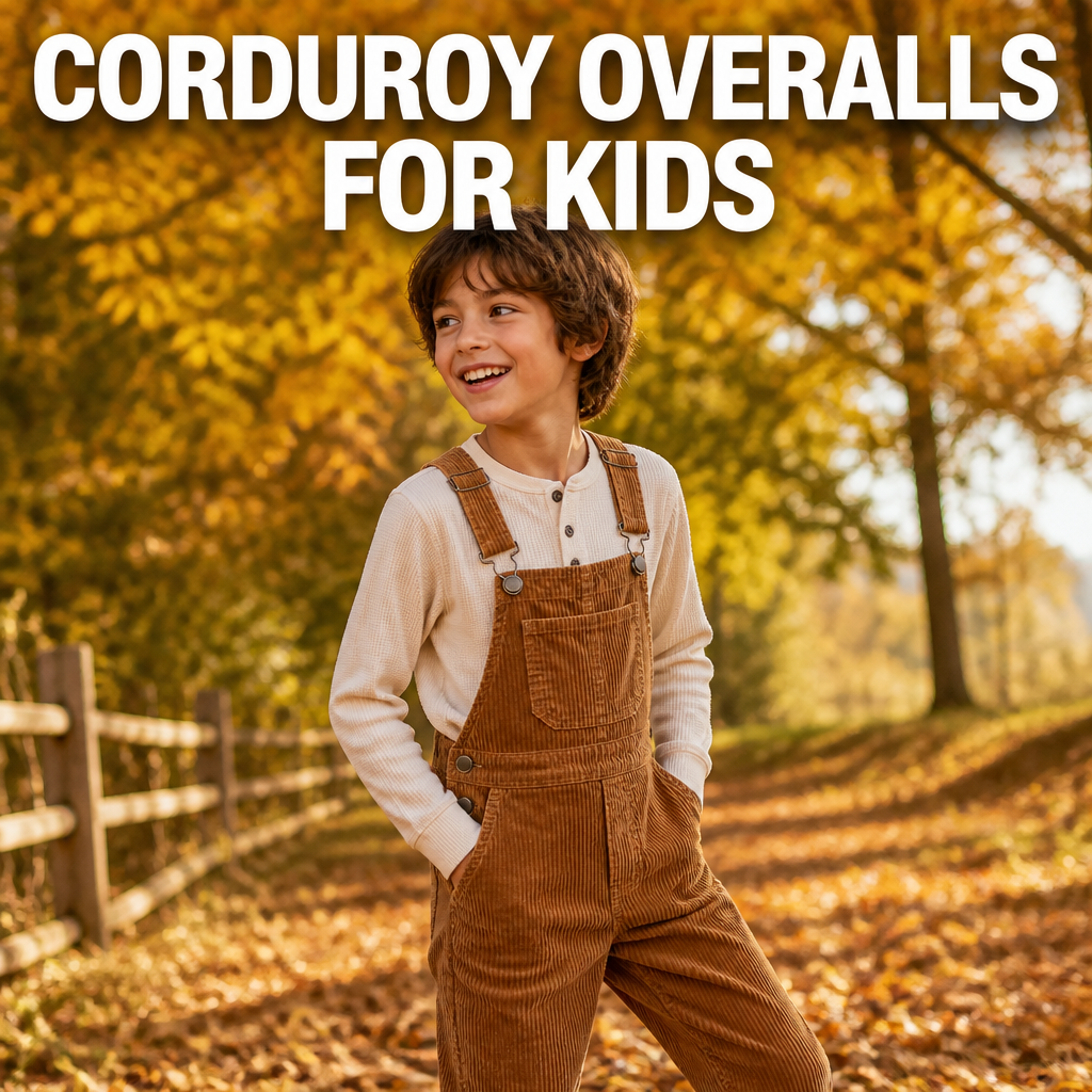 Kid wearing corduroy overalls outdoors for fall family photos, bold text overlay reading Corduroy Overalls For Kids