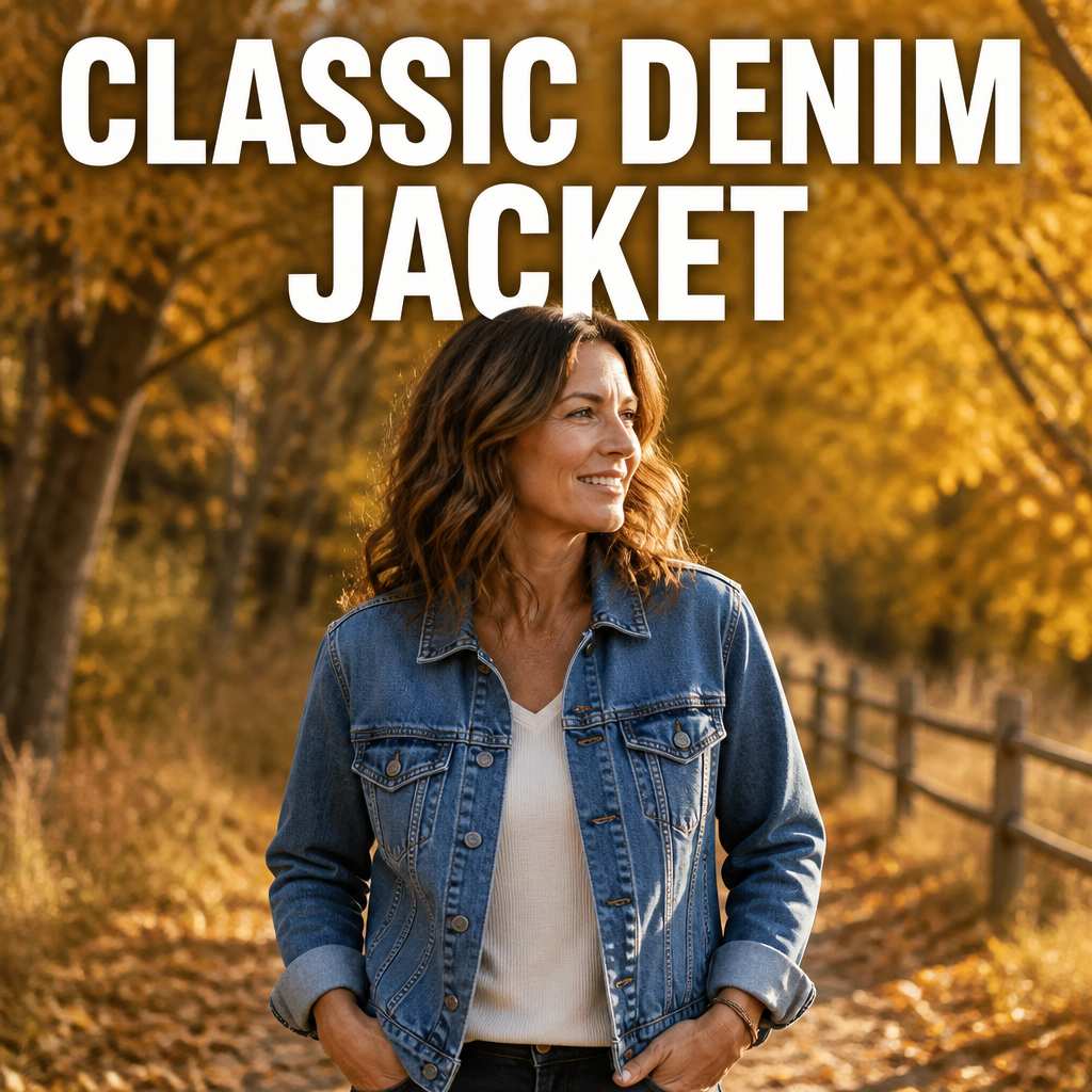 Woman wearing a classic trucker denim jacket outdoors for fall family photos, bold text overlay reading Classic Denim Jacket