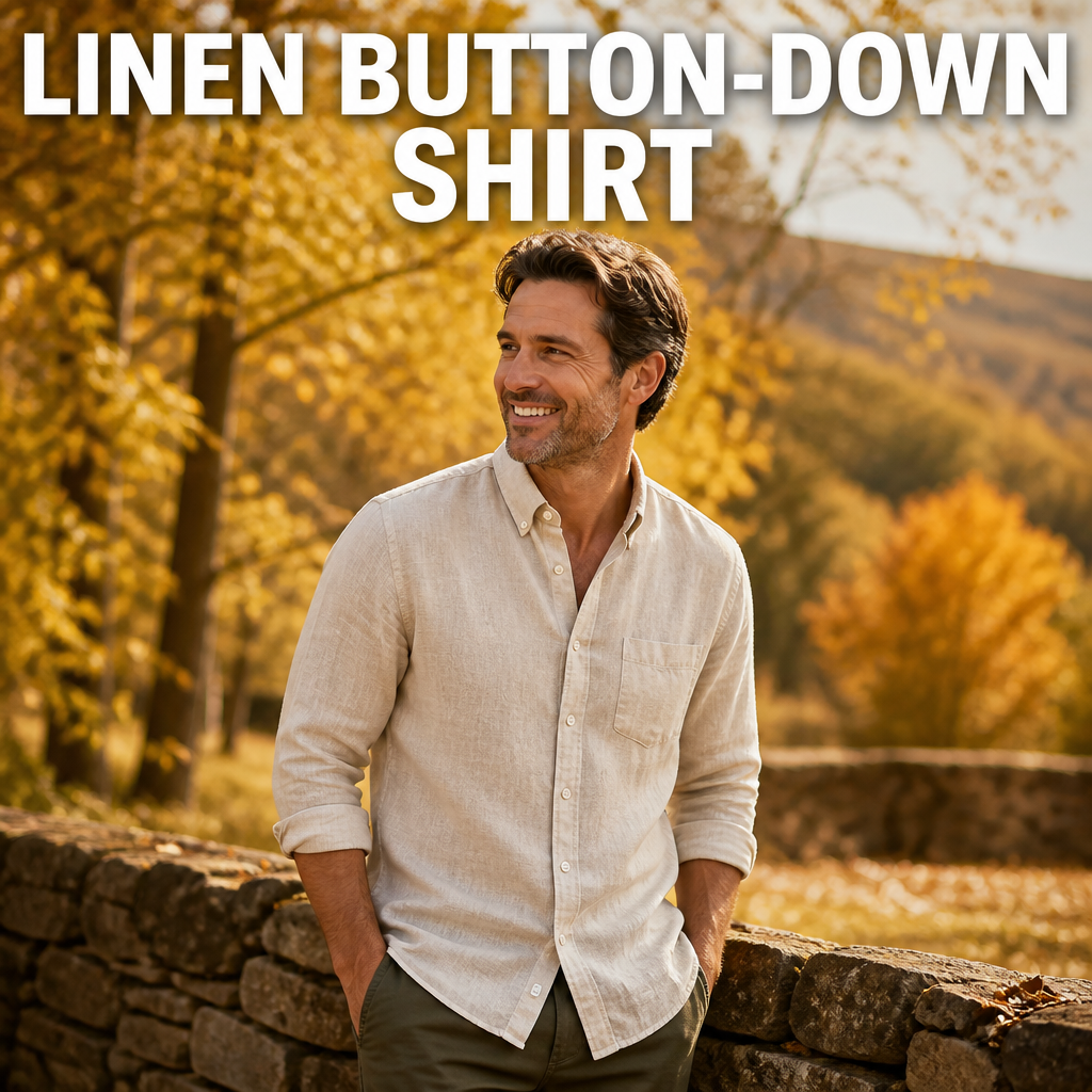 Man wearing a linen-blend button-down shirt outdoors for fall family photos, bold text overlay reading Linen Button-Down Shirt