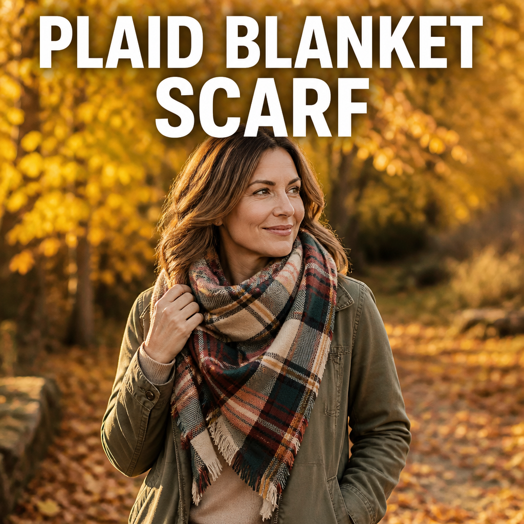 Woman wearing a plaid blanket scarf outdoors for fall family photos, bold text overlay reading Plaid Blanket Scarf