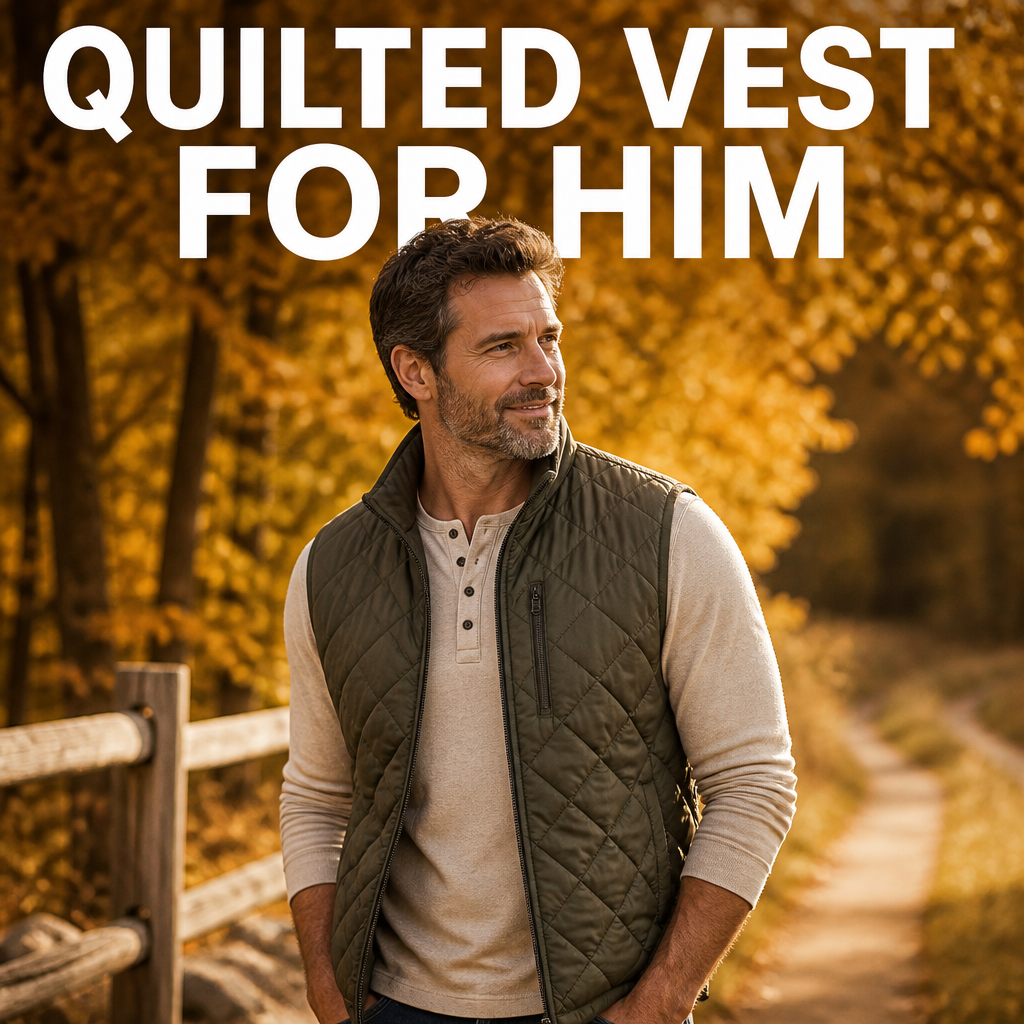 Man wearing a quilted vest outdoors for fall family photos, bold text overlay reading Quilted Vest For Him