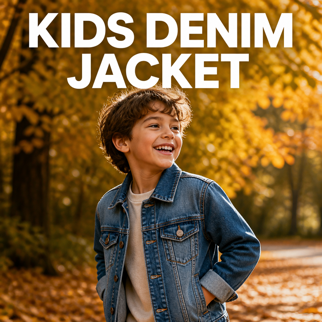Kid wearing a denim jacket outdoors for fall family photos, bold text overlay reading Kids Denim Jacket
