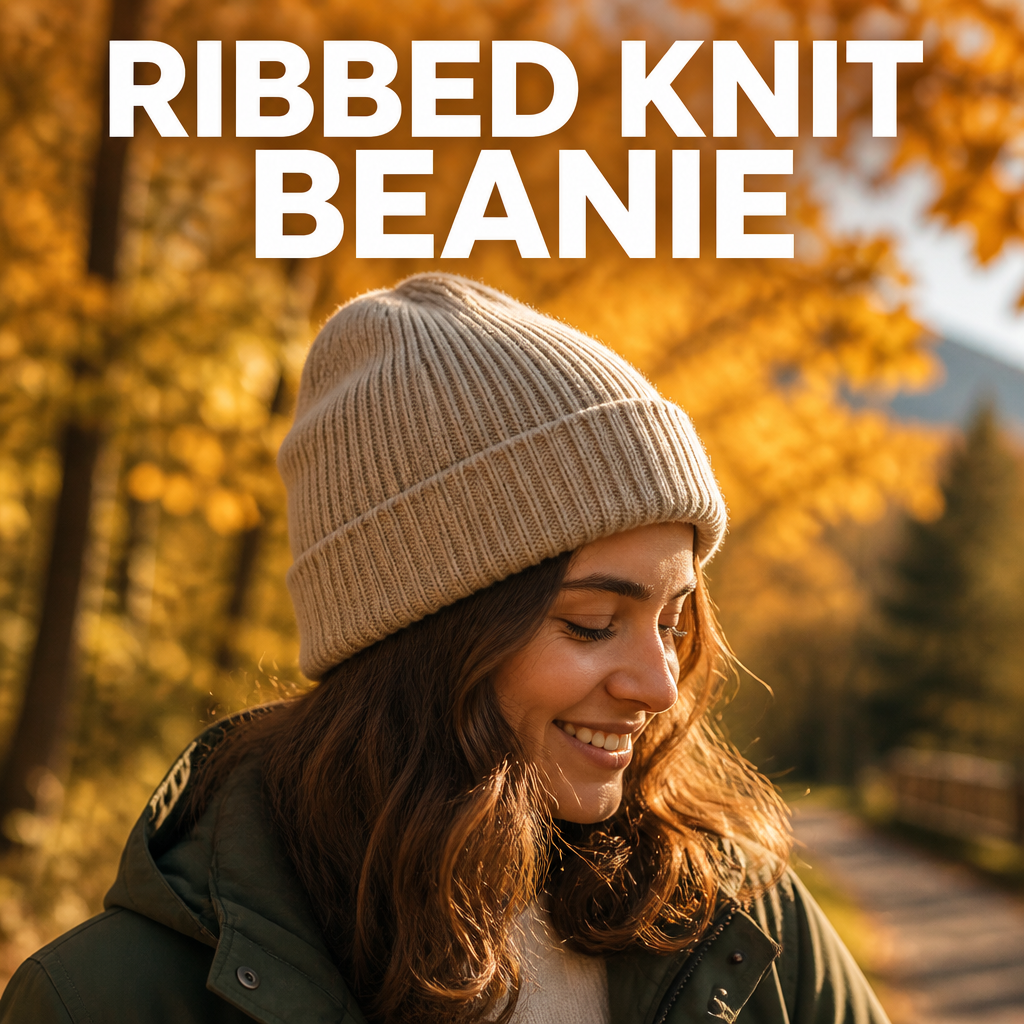 Person wearing a ribbed knit beanie outdoors for fall family photos, bold text overlay reading Ribbed Knit Beanie