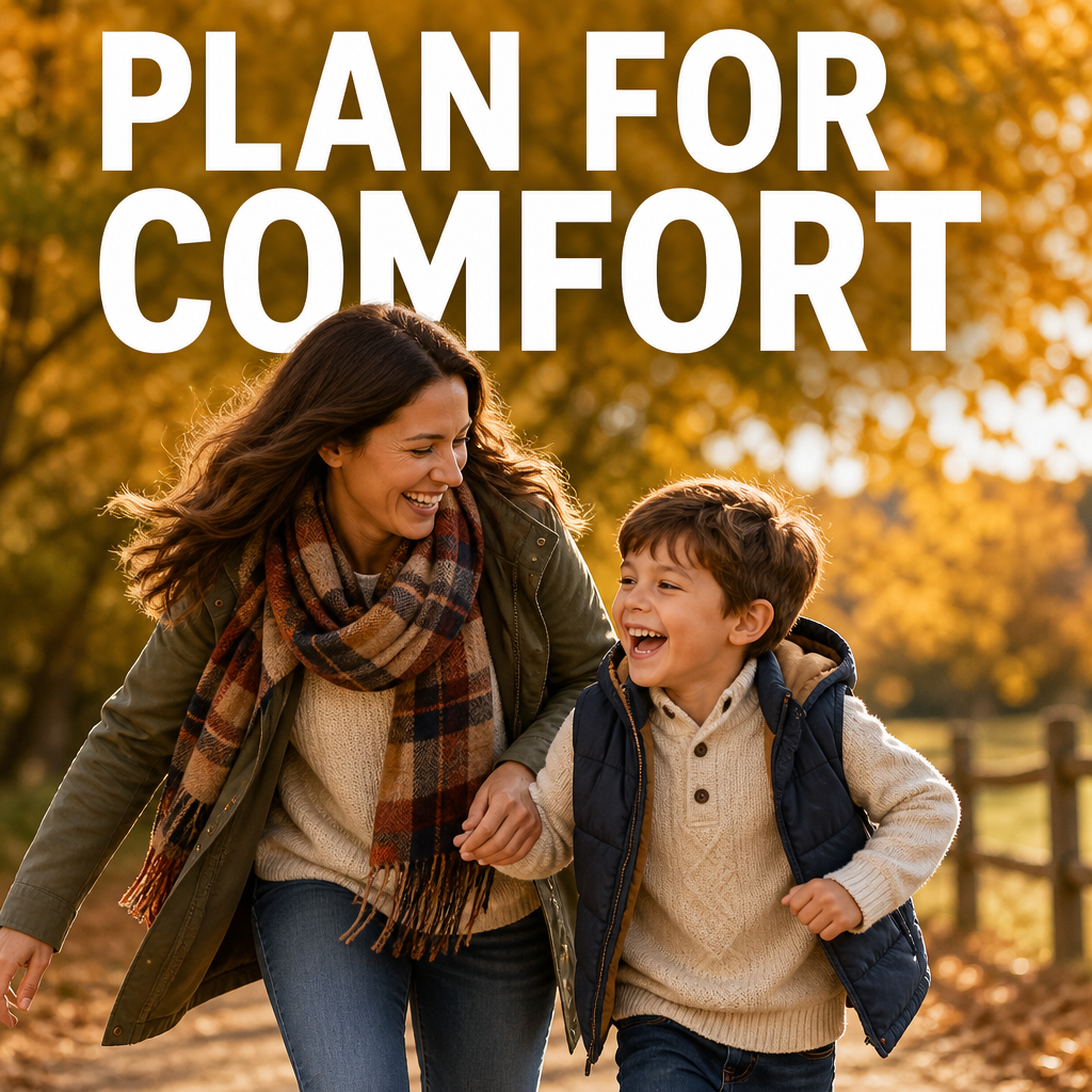 Mom and son moving and laughing outdoors in comfortable fall outfits for family photos, bold text overlay reading Plan for Comfort