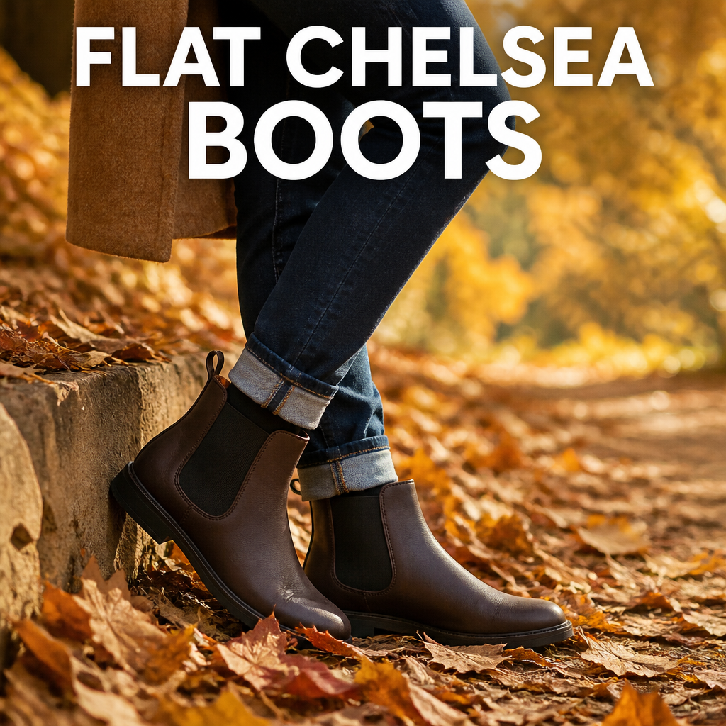 Woman wearing flat Chelsea boots outdoors for fall family photos, bold text overlay reading Flat Chelsea Boots