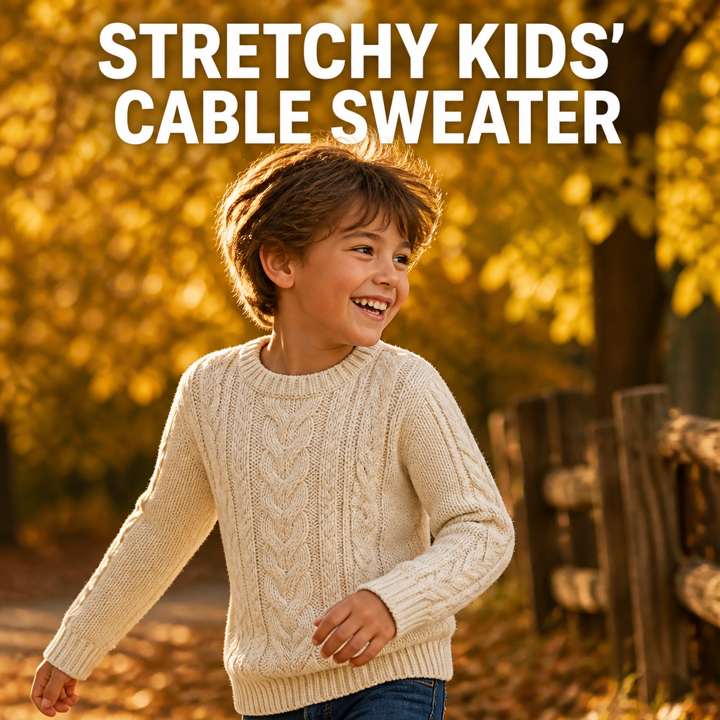 Kid wearing a stretchy cable-knit sweater outdoors for fall family photos, bold text overlay reading Stretchy Kids Cable Sweater